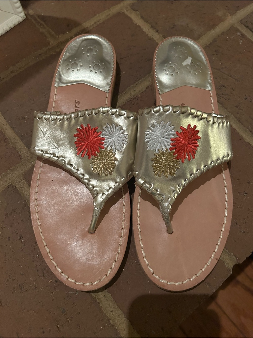 Jack Rogers Gold Embroidered Thong Sandals with Red and White Flowers